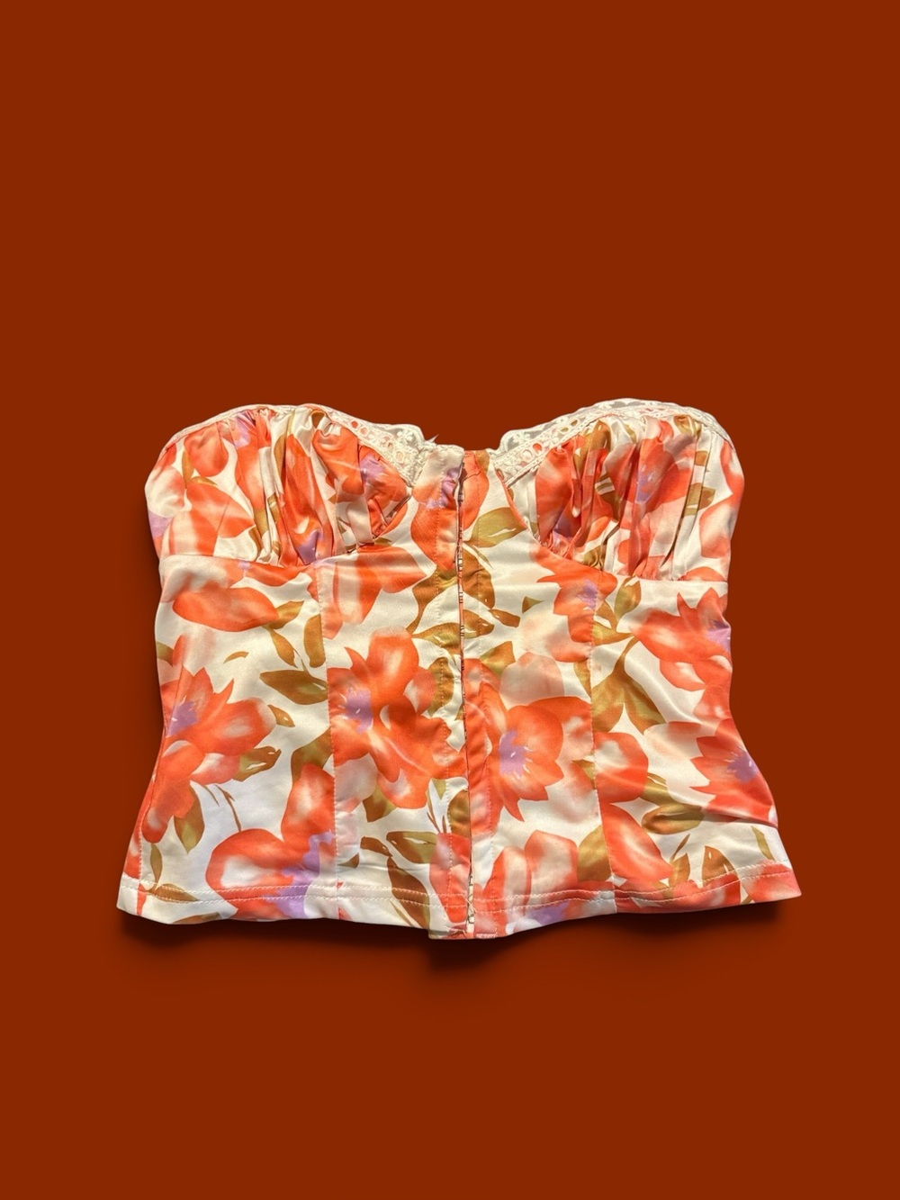 Princess Polly Coral and Cream Floral Strapless Bustier